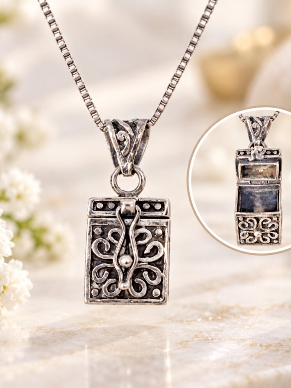 925 Sterling Silver Prayer Box Locket Necklace 24" Cross Fish Christian Italy